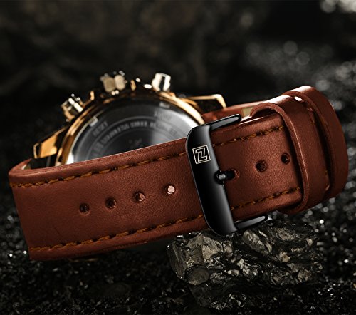 Tonnier Genuine Leather Band Analog Digital LED Dual Time Display Mens Watch, Brown&Gold