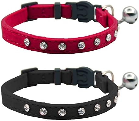 Cat Breakaway Collar Medium Large Cat Adjustable Necklace Red Black Cat Puppy Collar-Velvet Necklace-Safety Bing Crystal Rhinestone Pet Collar Set with Bell for Kitten 2pcs Pack