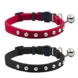 Cat Breakaway Collar Medium Large Cat Adjustable Necklace Red Black Cat Puppy Collar-Velvet Necklace-Safety Bing Crystal Rhinestone Pet Collar Set with Bell for Kitten 2pcs Pack