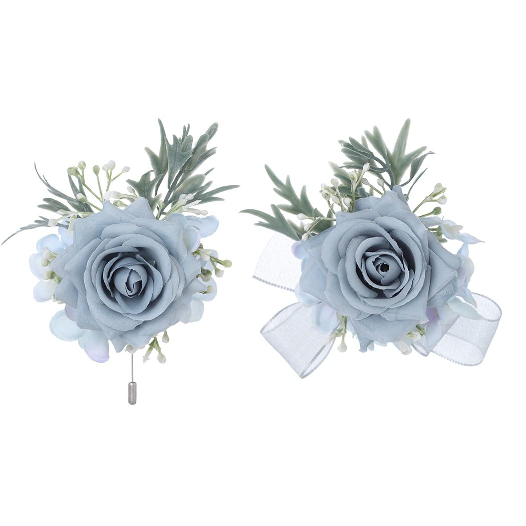 IYOU Wrist Corsage and Boutonniere Set Blue Artificial Flower Corsage Set Hand Flower Men Boutonniere for Wedding Party Prom Suit Decoration — image 1