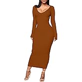 BestGirl Women's Sexy Ribbed Sweater Dresses Bodycon V Neck Off Shoulder Long Sleeve Lightweight Knit Midi Dress
