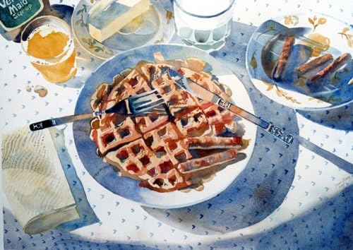 Sunday Morning Waffle, Giclee Print of Watercolor Still Life, Showing a Waffle, Sausage, and Orange Juice About to Be Eaten, 15 X 19 Inches