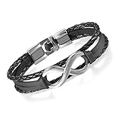 Flongo Men's Womens Vintage Black Leather Silver Infinity Love Forever Wrap Cuff Bracelet, 7.9 inch, Infinity Bracelet, Couple Friendship Wristband, Womens Mens Leather Bracelet