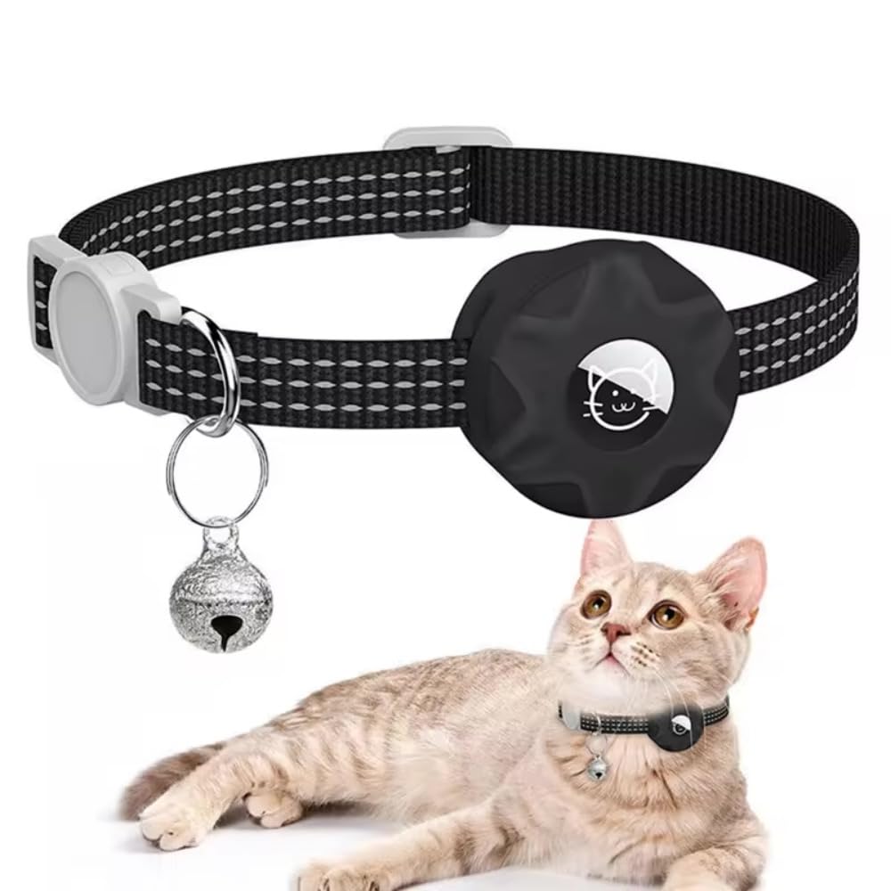 Premium Cat Airtag Collar | Reflective | GPS Cat and Kitten Collar| Adjustable | Breakaway mechanism with bell attached | Compatible with Apple Airtag (Black)