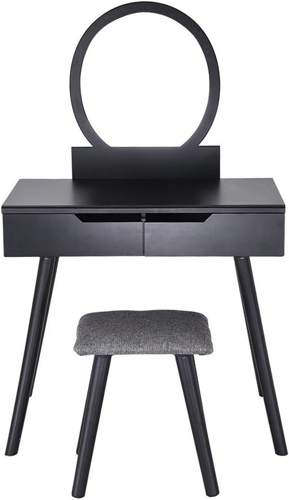 Cayyy Vanity Table Set with Round Mirror Black, Makeup Dressing Table with Cushioned Stool Set and 2 Large Sliding Drawers