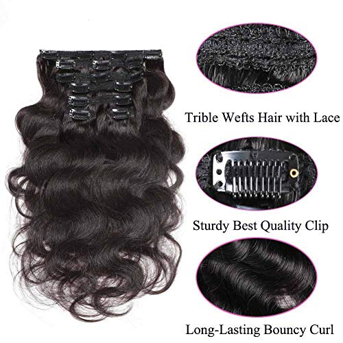 Urbeauty Wavy Clip in Extensions Human Hair 7Pcs/80g 14" Full Head Body Wave Triple Weft Remy Clip in Hair Extensions #1B Natural Black - Thumbnail 3