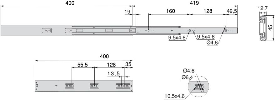 Emuca - Ball bearing drawer slides 45x400mm (1,77x,15,7 inch), Set of 5 works of full extension drawer runners with soft closing - Image 4