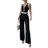 SOLY HUX Women's Summer 2 Piece Outfits Halter Crop Tops and Wide Leg Pants Business Casual Sets