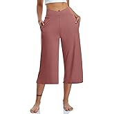 TARSE Womens Casual Wide Leg Yoga Capris Crossover High Waist Capri Pants Loose Soft Pajama Pockets Sweatpants