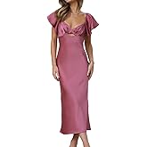 Summer Satin Flutter Sleeve Wedding Guest Dresses for Women Sweetheart Neckline Cutout Tie Back Midi Cocktail Dress