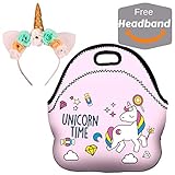 Unicorn Lunch Box for Girls Insulated W/ Free Unicorn Headband | Insulated Neoprene Reusable Pink Lunch Bags W/ Zipper (Pink)