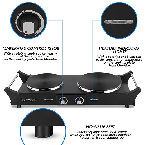 Techwood ES3203 Hot Plate Electric Double Burner 1800W for Cooking with Adjustable Temperature