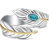Turquoise Feather Ring 925 Sterling Silver Vintage Wide Feather Rings Women Men Turquoise Western Style Jewelry gifts Wrap Thumb Ring Open Size 4-11