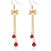Christmas Jingle Bell Bow Drop Dangle Earrings for Women Gold-Toned Red Green Bowknot Tassel Chain Dangling Fish Hook Earring Fashion Lightweight Funny Xmas Festival Jewelry