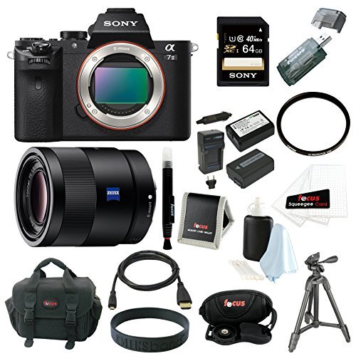 Sony Alpha a7II ILCE-7M2/B Interchangeable Digital Lens Camera (Body Only) and Sony Sonnar T FE 55mm F1.8 ZA Full-frame E-mount Prime Lens, with Sony 64GB SDXC Card, Sony VCT-R100 Tripod, 2 Replacement NP-FW50 Batteries and Charger, Focus DSLR Camera Case and Deluxe Accessory Bundle