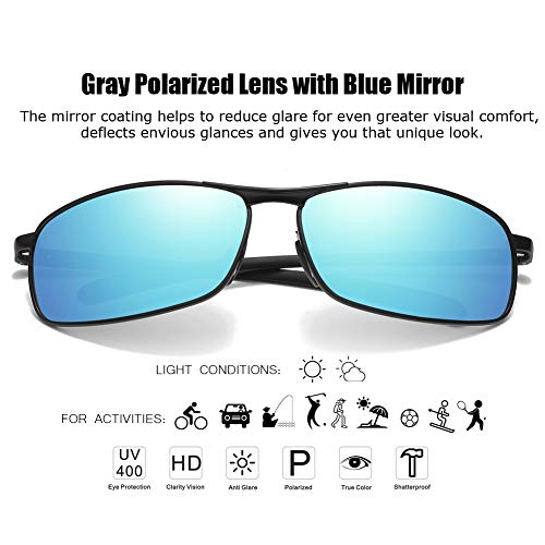 ZHILE Rectangular Polarized Sunglasses Al-Mg Alloy Temple Spring Hinge UV400 (Black, Blue mirrored)