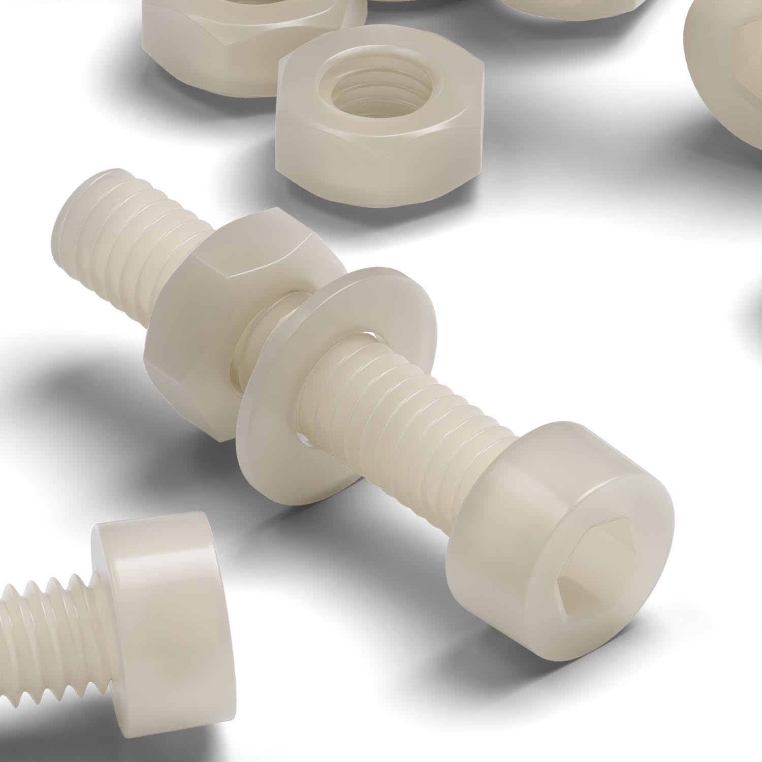 50 x Nylon Natural Socket Head, Plastic Machine Screws, M3 x 20mm, Plastic Bolts, Nuts & Washers