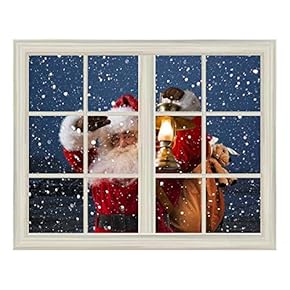 Removable Wall Sticker/Wall Mural - Santa Claus Carrying Gifts Outside of Window on Christmas Eve - Creative Window View Home Decor/Wall Decor - 24"x32"