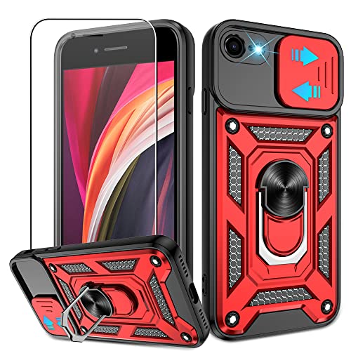 Atump for iPhone SE 2020/2022,iPhone 7/8 Case with HD Screen Protector, Heavy Duty Shockproof with Metal Kickstand [Military Grade] Protective Case for iPhone SE 2020/2022/8/7, Red