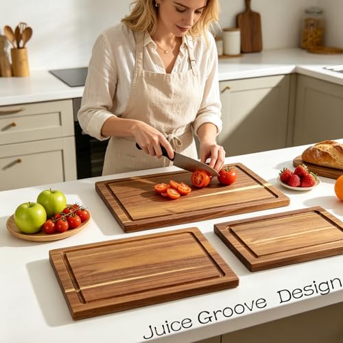 Bierofaro Acacia Wooden Chopping Boards with holder,Cutting Board Set of 3 for Kitchen,Reversible Meat Cutting Board Set with Handle,Butcher Block Wooden Trays for Meat,Fruit Vegetable and Cheese