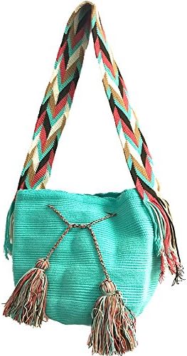 BRAND NEW - Colombian MOCHILA WAYUU - Handbag - Crossbag - Finest Quality - 100% Hand Made - Aquamarine - Multicolor - Shoulder - Crossbody - Bag - Woven - Ethnic - Bucket - Style - La Guajira