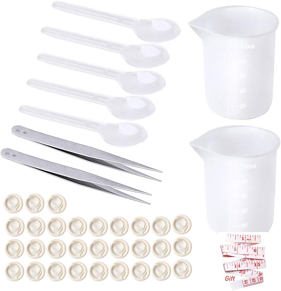 HSAN Epoxy Resin Tools Kit, Flexible Silicone Molds Include 2pcs 100 ml Silicone Measuring Cups, 5pcs Mixing Spoons, 30pcs Disposable Finger Cots and 2pcs Tweezer