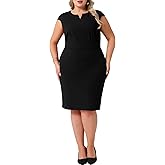 Agnes Orinda Plus Size Sheath Dresses for Women Notched V Neck Sleeveless Business Pencil Work Dress