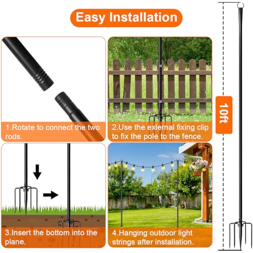 MuliVid 6 Pack 9FT String Light Poles for Outdoor,Metal Lights Hanging Pole Outside with Fork,Light Stand for Patio, Pergola, Garden, Backyard, Yard, Camping Party