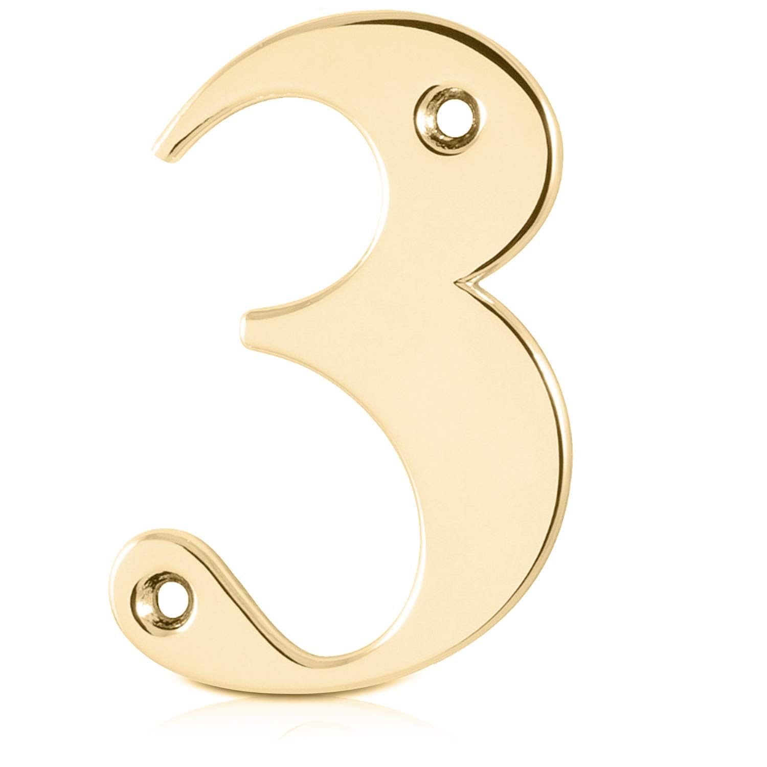 XFORT Polished Brass Front Door Number 3, House Number Suitable for All Door Types including Wooden, uPVC, and Composite.