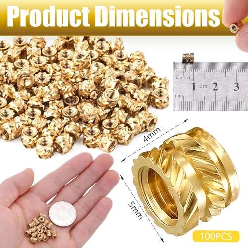 KongJies Thread Knurled Nuts, M3Threaded Inserts, 100 Pcs Knurled Brass Nuts, 3D Printing Brass Nuts for Wood, Plastic, Metal, Sheet Metal