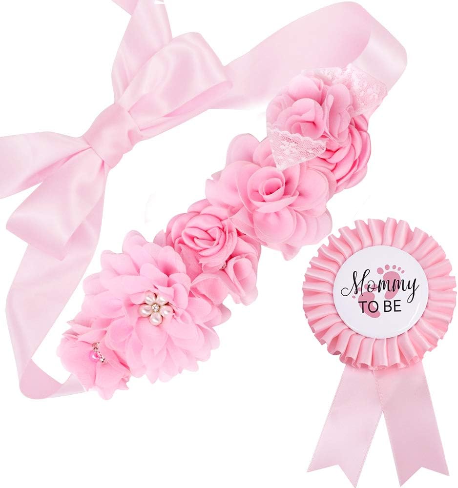 TTCOROCK Baby Pink Maternity Sash & Mommy Corsage - Baby Shower Sash Baby Girl Pregnancy Sash Keepsake Baby Shower Flower Belly Belt