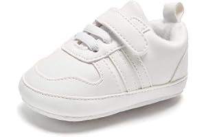 CLOUCKY Unisex Baby Boys Girls White Sneaker Soft Anti-Slip Sole Newborn Infant First Walkers Fashion Crib Dress Shoes