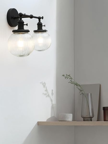 PERMO 2 LIGHTS SCONCE INDUSTRIAL WALL SCONCE LIGHTING WITH RIBBED GLOBE GLASS LAMPSHADE VINTAGE DOUBLE SCONCE HARDWIRED WALL SCONCE WITH SWITCH