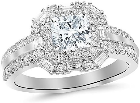1.2 Cttw 14K White Gold Cushion Cut Double Row Baguette and Round Halo Diamond Engagement Ring with a 0.5 Carat H-I Color SI2 Clarity Center
