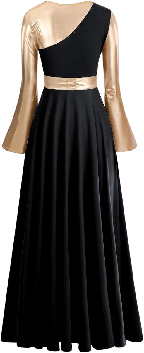 IBAKOM Liturgical Praise Dance Worship Long Dress for Women Metallic Gold Color Block Loose Fit Full Length Church Dancewear: Clothing