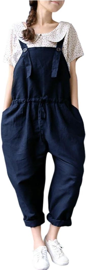 Hmeng Women's Plus Size Linen Overalls Baggy Adjustable Strap Sleeveless Jumpsuits Casual Loose Wide Leg Dungarees Rompers (XL, Blue)