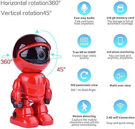 Wireless ip camera p2p 1080P Robot 2.0MP Security Camera Night Vision Alarm Audio Baby Monitor Pan Tilt Remote Home Security P2P IR Night Vision for Mobile Android/IOS and Laptop (Red)