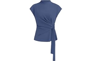 Zelroxa Womens Cap Sleeve Tops 2026 Summer Tie Waist Mock Neck Elegant Blouses Business Dressy Casual Shirts Work Outfits