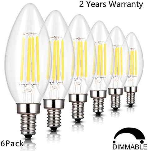 LED Candelabra Bulb,4w B11 Dimmable Chandelier LED Bulbs,40W Incandescent Equivalent, Torpedo Shape Bullet Top with 360° Beam Angle, Soft Warm White 2700K, 360 Lumens,E12 Candle Light Bulb , Pack of 6