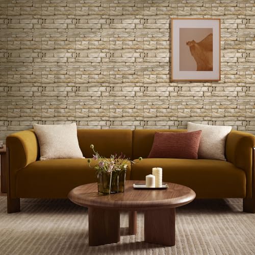 COMSTICKC 3D Stone Adhesive Panels, Brown, 10 Pieces 30 x 30 cm, 3D Brick Wall Stickers, PVC Faux Stone Panel for Decorative Interior Walls Kitchen, Bathroom, Living Room