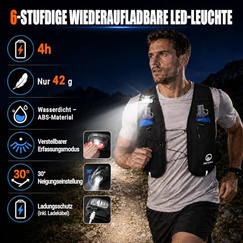 ONETOALL Running Vest for Men and Women with Two 500 ml Water Bottles, Adjustable Running Vest with Running Light for Better Visibility, Breathable Running Backpack, Hydration Backpack for Running