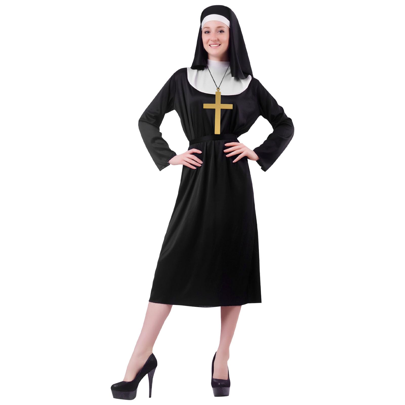 Aomig Nun Costume Women, 4 Piece Adults Nun Dress Up Costumes for Halloween Cosplay, Ladies Nun Fancy Dress Costume Belt Headdress Hat Cross, Plus Size Nun Costume Carnival Themed Party Outfits M — image 1