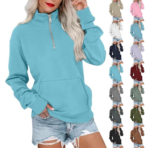 Jbsabotad Zip Up Sweatshirt For Women No Hood Long Sleeves Women'S Solid Colour Pullover Sweatshirt With Pockets Winter Warm Loose Tops Fashion Turtleneck Sweater Lightweight Casual Pullover Sweaters