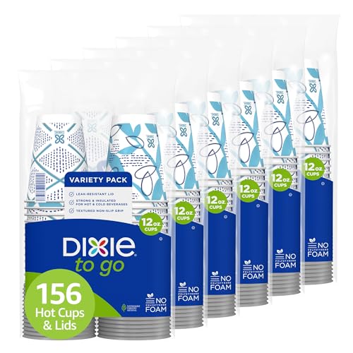 Dixie to Go Disposable Hot Beverage Paper Coffee Cups with Lids, 12 Oz, 156 Count, Assorted Designs