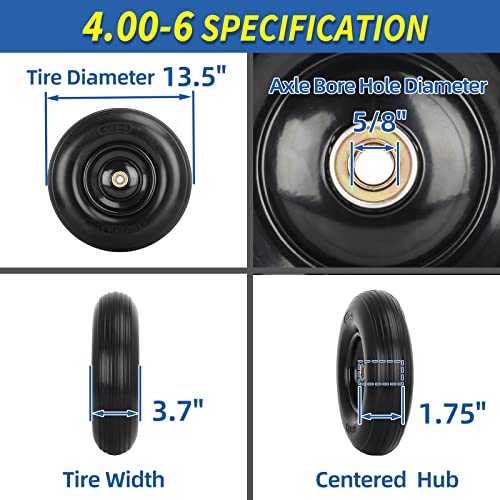 GICOOL 4.00-6 Wheelbarrow Tire, 13" Flat-free Solid Tire and Wheel, with 5/8" or 3/4" Bearings, 1.75" Centered Hub for Wheelbarrow/Wagon/Trolley/Garden Scooter Cart
