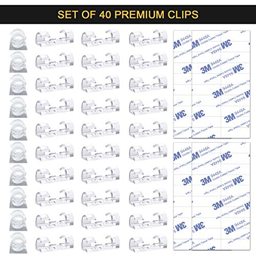 Self Adhesive Cable Clips Black Management Wire Clip Cord Holder 40 Pack (Transparent)