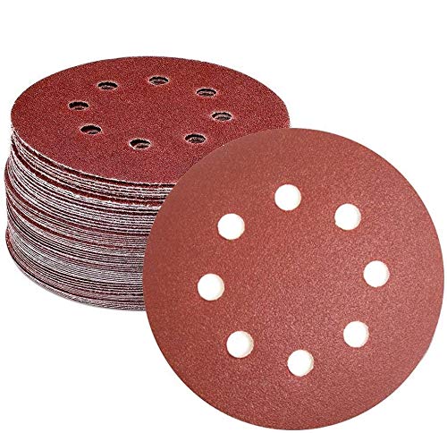 DollaTek 50PCS Sanding Discs Pads, 5-Inch 8-Hole 120-Grit Hook and Loop Aluminium Oxide Sandpaper for Random Orbital Sander