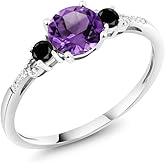 Gem Stone King 10K White Gold Purple Amethyst Black Diamond and White Diamond Accent 3-Stone Engagement Ring For Women (0.88 Cttw, Round 6MM, Gemstone February Birthstone)