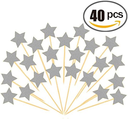40pcs Twinkle Star Cupcake Toppers DIY Glitter Mini Birthday Cake Snack Decorations Picks Suppliers Party Accessories for Wedding Baby Shower (Silver)