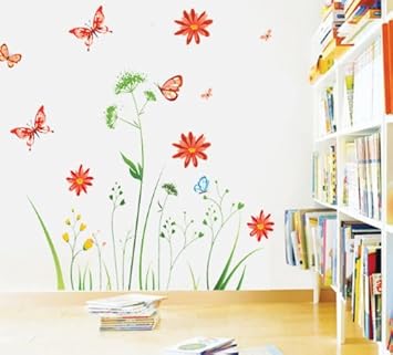 Wandtattoo Bunte Blume Pflanzen Schmetterling Wandmotiv Borduren Schlafzimmer Sofa Im Wohnzimmer Tv Wandaufkleber Amazon De Kuche Haushalt